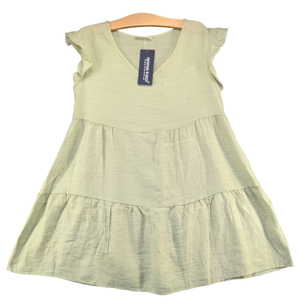 Anna-Kaci Women's Tunic Top Tiered Blouse Green Large Flutter Sleeve W/Tags